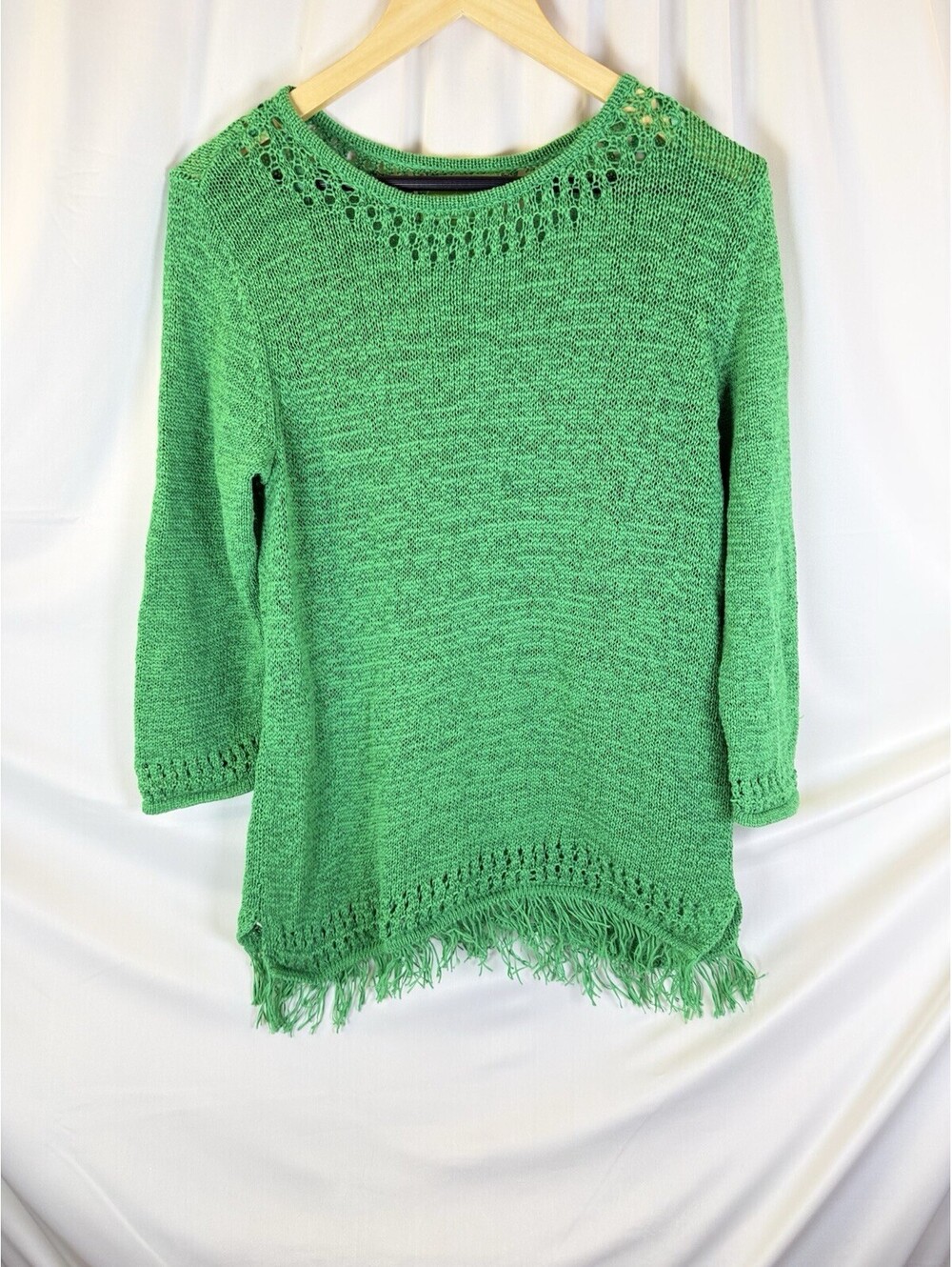 Pappagallo Vintage Green Crewneck Sweater Fringe Hem Sz L Tunic Open Weave